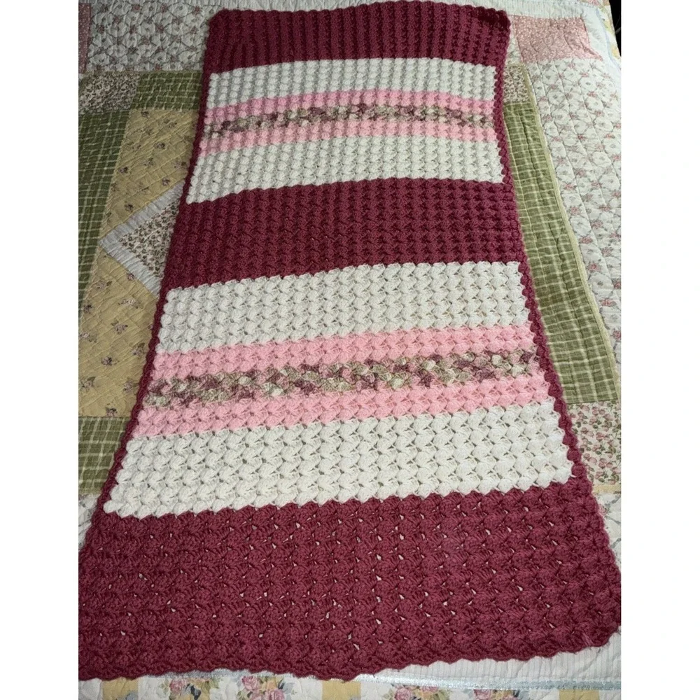 Handmade Cottage Core Crochet Throw Blanket Pink White And Burgandy 29x56